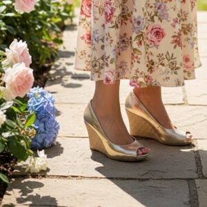 Lily pulitzer leather Gold Metallic Wedge heels 9 Party Holiday